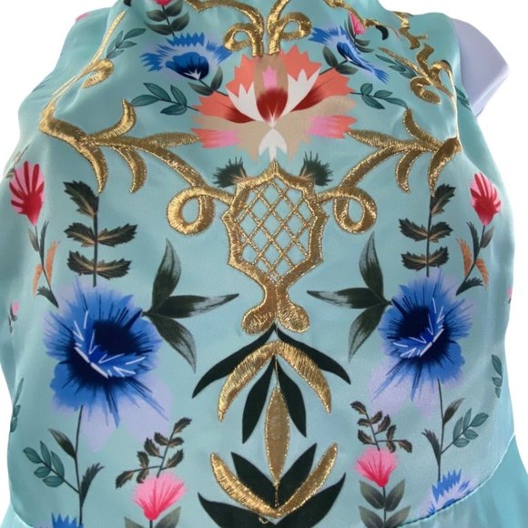 NWOT Sky Blue Embroidered Floral A-line Sleeveless Satin Sundress size Small - Picture 2 of 9